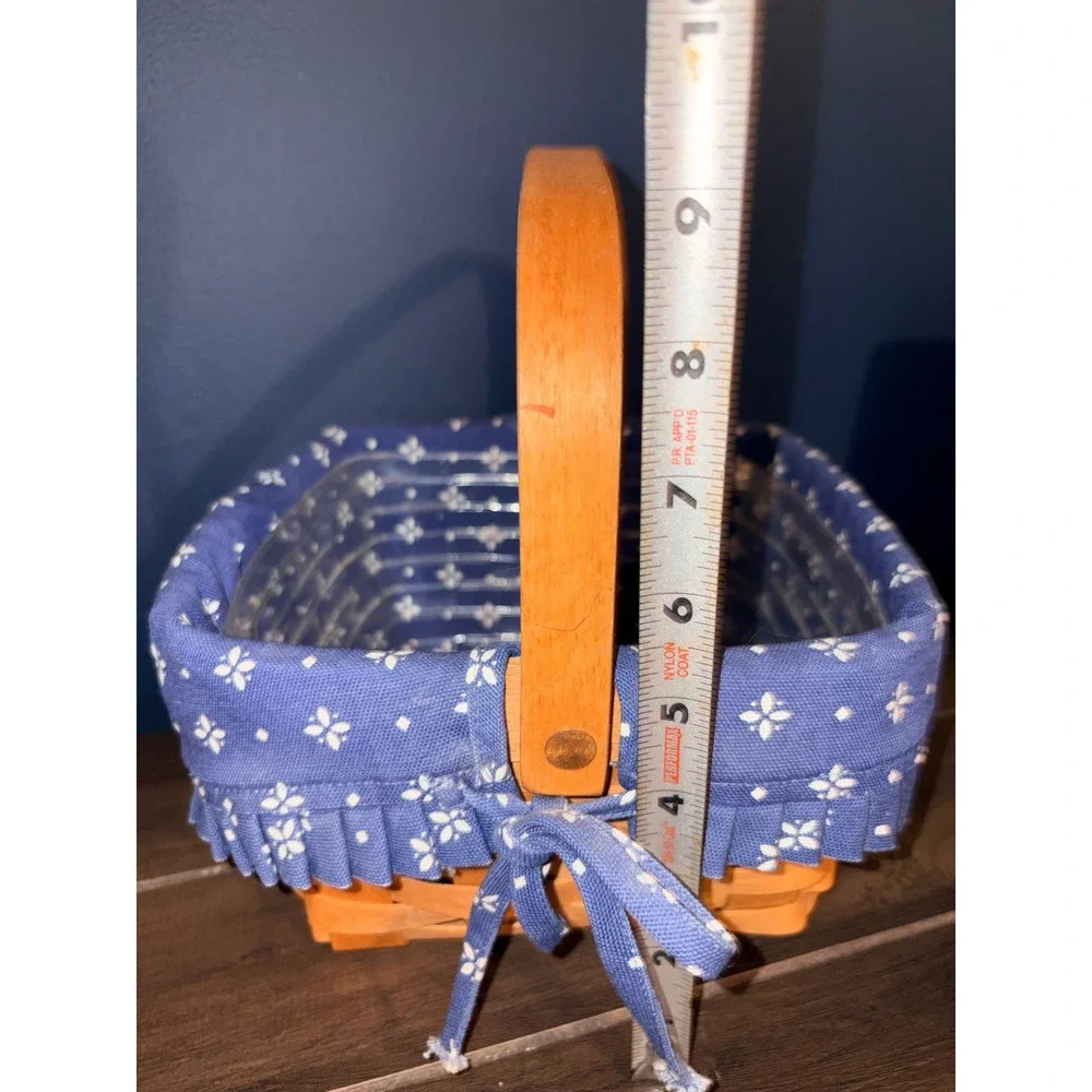 Longaberger Woven Wood Basket Blue Floral Liner Plastic Protector Swing Handle